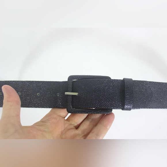 Black Snake Skin Leather Belt with Self Covered Square Buckle Glossy Shiny - Picture 4 of 8